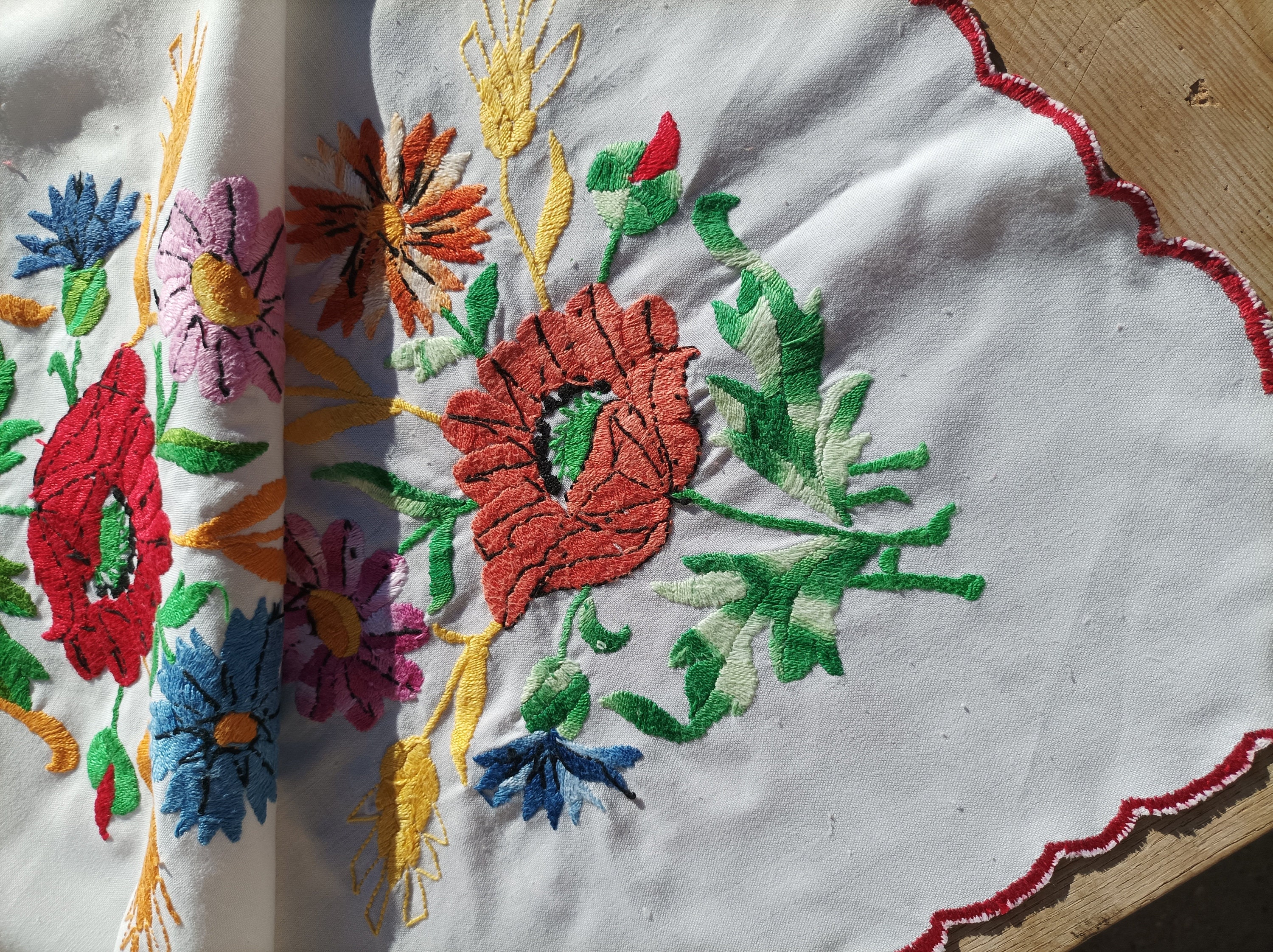 Antique Hungarian Embroidered Canvas Centerpiece: Folk Floral