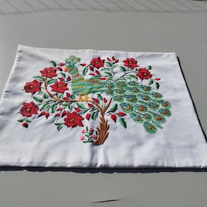 Hand Embroidered Hungarian Pillow Cover, Peacock Floral Rural Canvas Cushion Case
