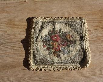 Vintage Belgium Tapestry Tablecloth: Floral Centerpiece with Lace
