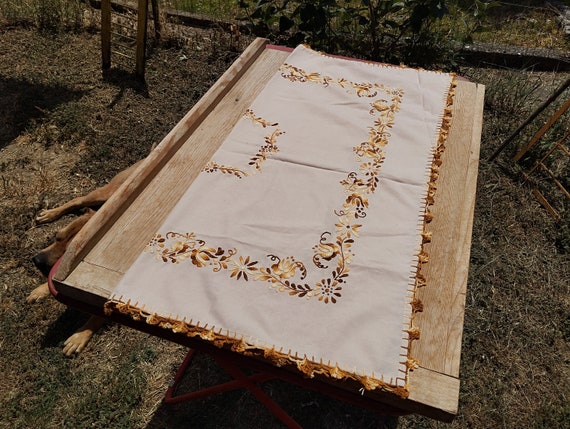 Antique Hungarian Embroidered Tablecloth: Folk Art Centerpiece
