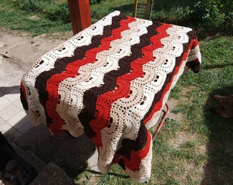 Huge Crochet Full Size Throw, Cotton Granny Zigzag, Decorative Couch Waved Throw, Homemade Retro Blanket