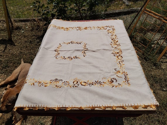Antique Hungarian Embroidered Tablecloth: Folk Art Centerpiece