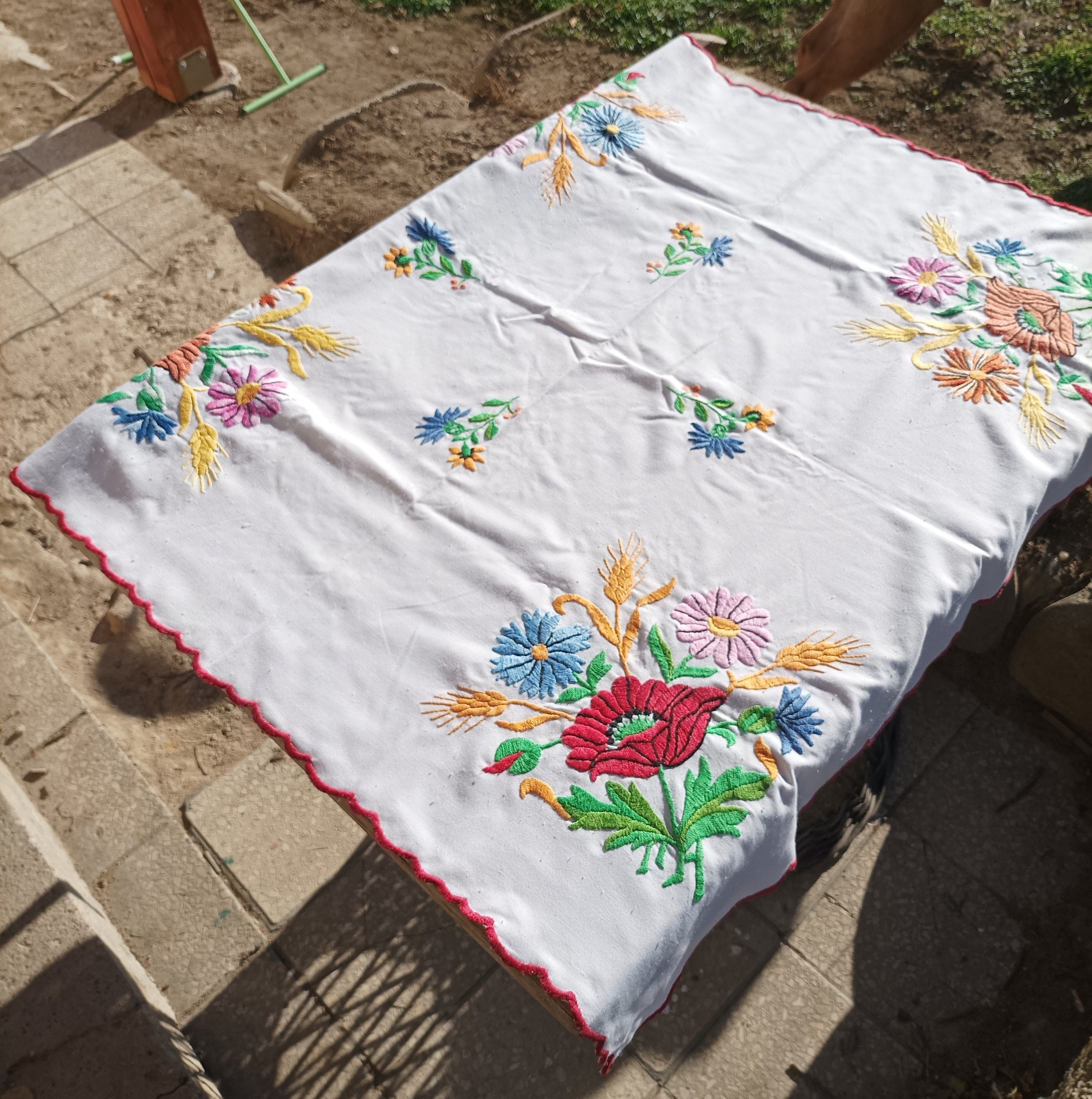 Antique Hungarian Embroidered Canvas Centerpiece: Folk Floral