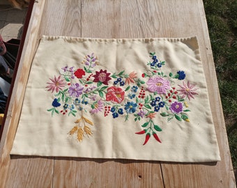 Traditional Hungarian Folk Pillow Case without Pillow, Hand Embroidered Folk Canvas Yellowish Pillow Cover, Rural Flowers Style
