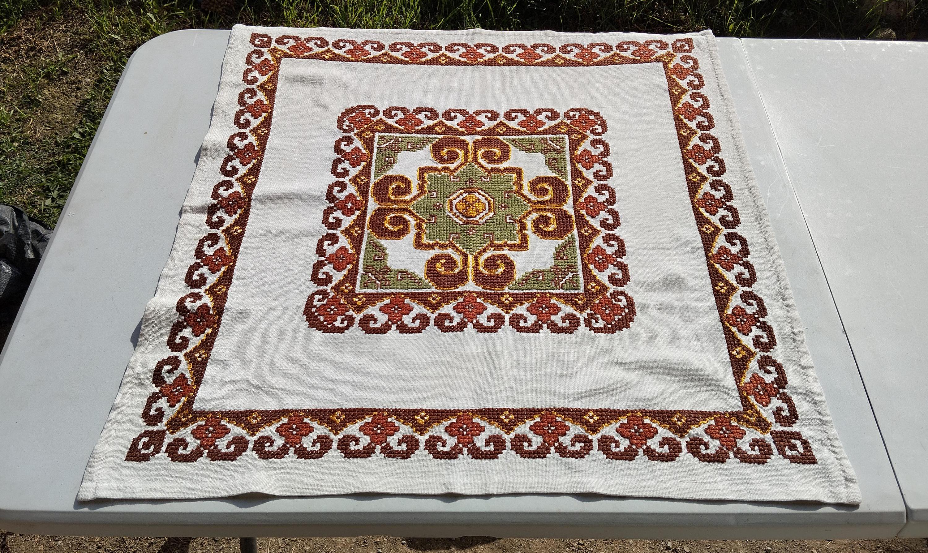 Vintage Hungarian Cross Stitch Tablecloth: Geometric Floral Table