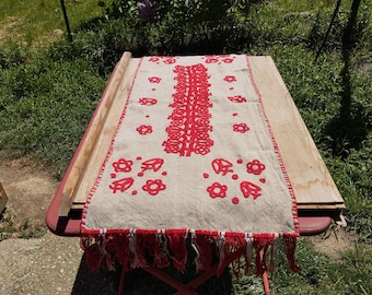 Antique Hungarian Embroidered Table Cover: Transylvanian Red Writing Stitch