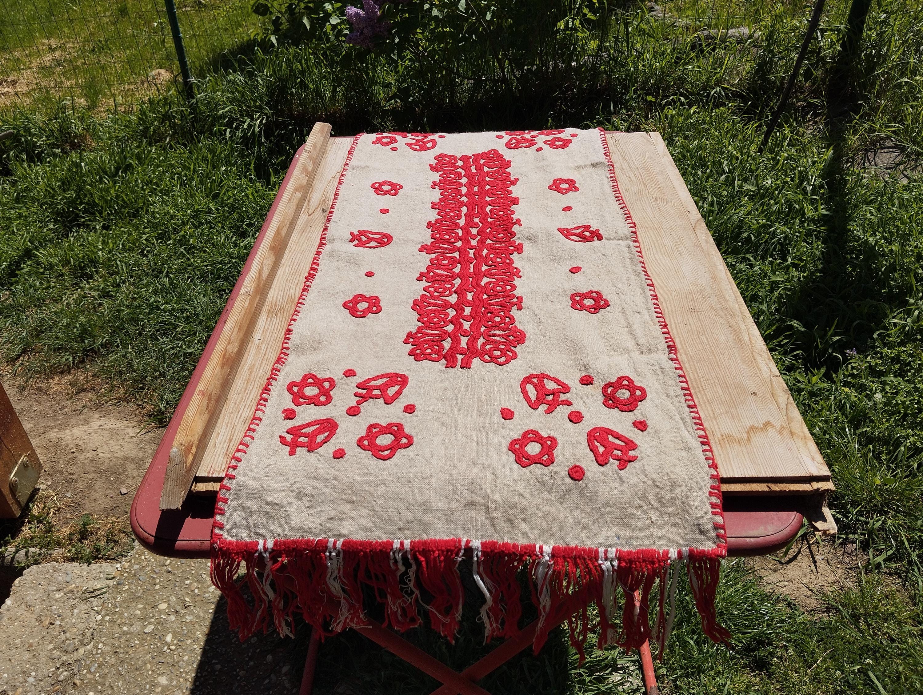 Antique Hungarian Embroidered Table Cover: Transylvanian Red