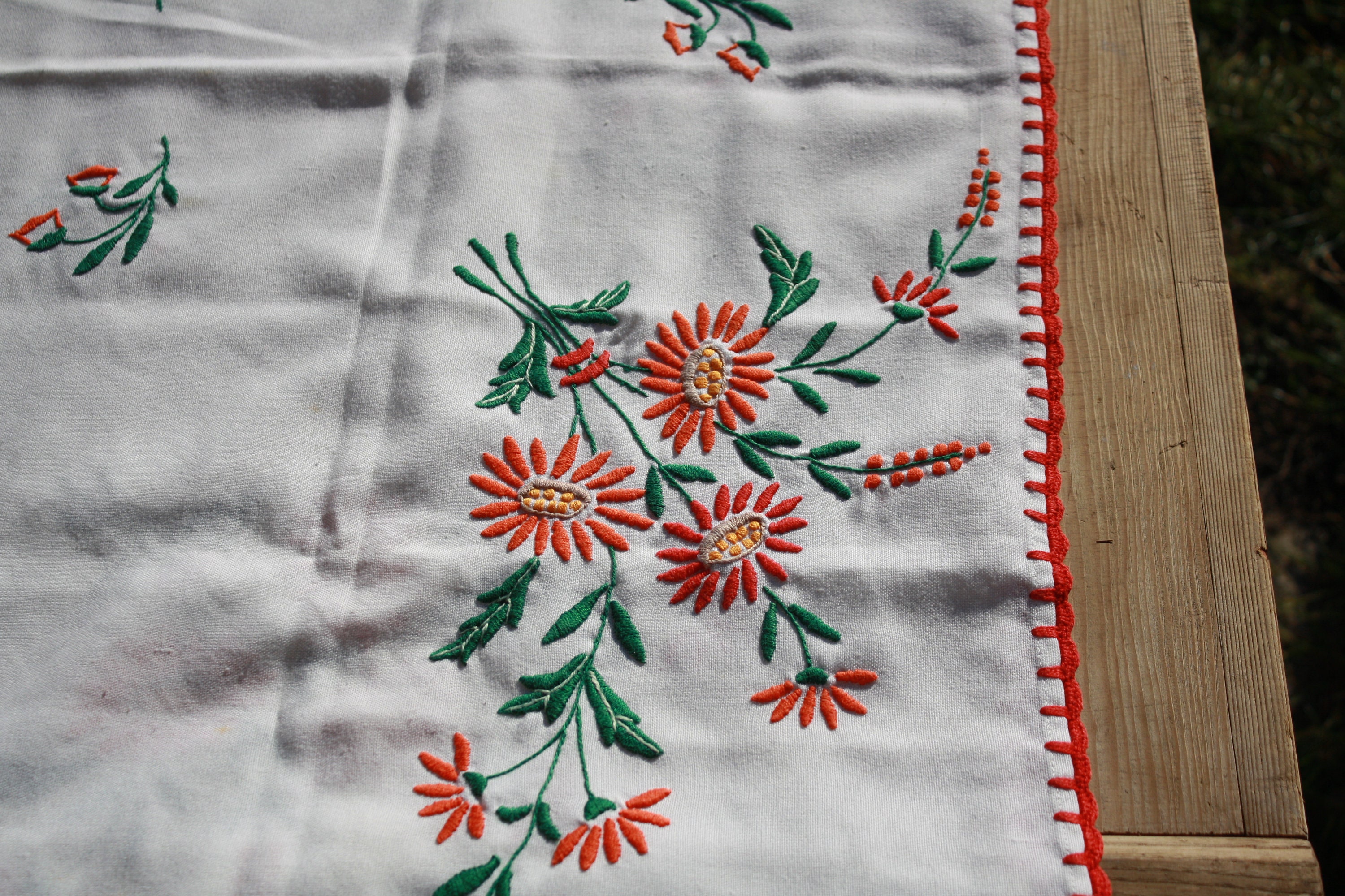 Antique Hungarian Embroidered Tablecloth: Folk Art Floral