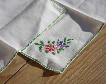 Pair of Vintage Cross Stitch Embroidery Folk Napkins, Flower Designed Rural Hungarian Handwork Napkin