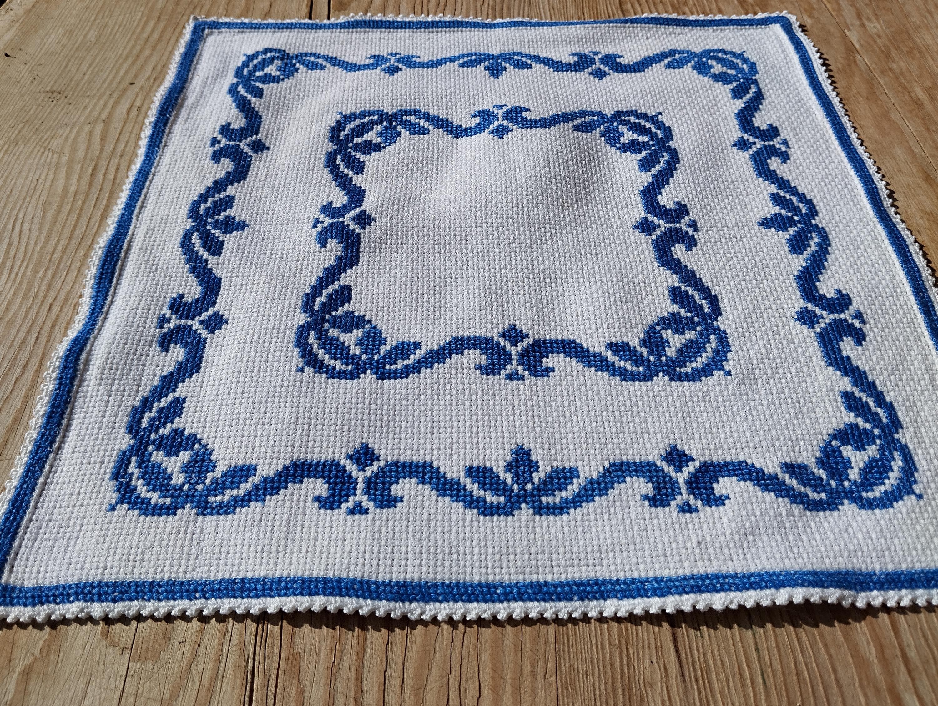 Vintage Blue Cross Stitch Doilies, Geometric Scene Doilies, 1970s Cross Stitch Blue Doilies