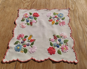 Traditional Folk Hungarian Embroidered Square Canvas Doilies, Hand Embroidered Flower Decorated Table Canvas