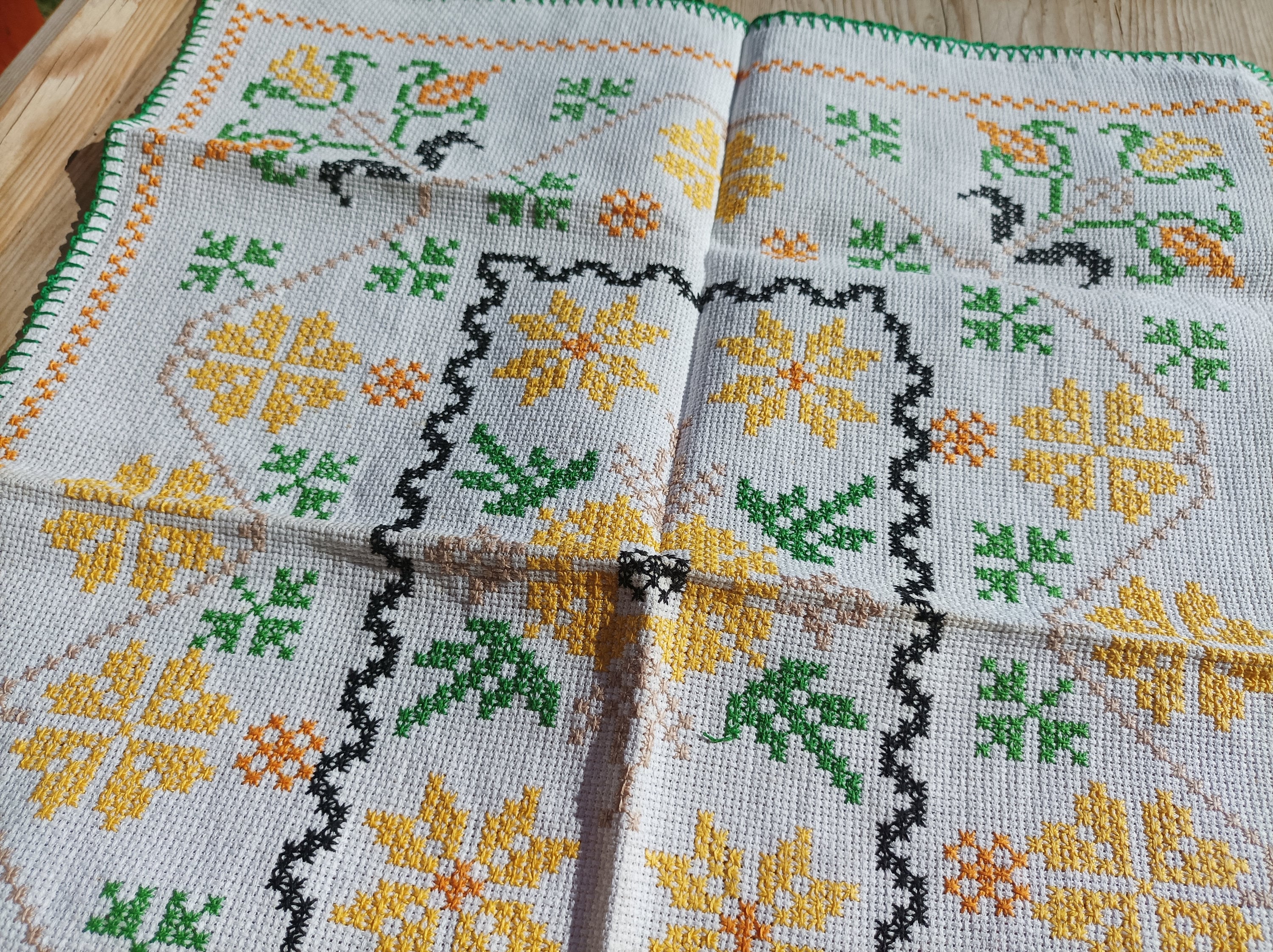 Vintage Hungarian Cross Stitch Tablecloth: 1970s Folk Art Table
