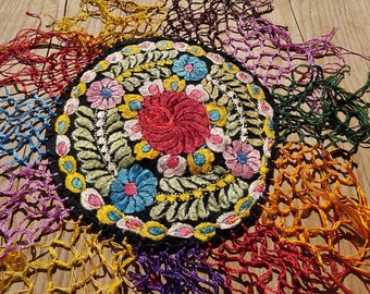 Traditional Folk Hungarian Embroidered Circle Canvas Black Colored Doilies, Hand Embroidered Flower Decorated Flower Canvas Matyo Design