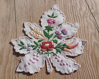 Traditional Folk Hungarian Embroidered Leaf form Canvas Doilies, Hand Embroidered Flower Decorated Flower Canvas