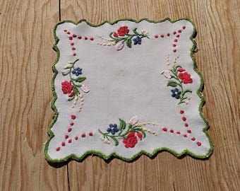 Traditional Folk Hungarian Embroidered Square Canvas Doilies, Hand Embroidered Flower Decorated Flower Canvas