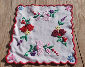 Traditional Folk Hungarian Embroidered Square Canvas Doilies, Hand Embroidered Flower Decorated Table Canvas Doilies