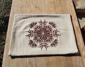 Vintage Cross Stitch Pillow Case, Geometric Retro Flower Scene Pillow Cover, 1970s Cross Stitch Sofa Pillow Case