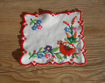 Traditional Folk Hungarian Embroidered Square Canvas Doilies, Hand Embroidered Flower Decorated Flower Canvas
