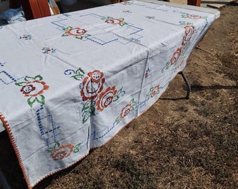 Vintage Hungarian Cross Stitch Tablecloth: Geometric Floral Folk Art
