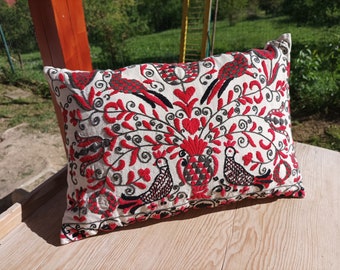 Vintage Hungarian Embroidered Folk Country Style Cushion Cover, Red and Black Embroidered Pillow Case with Pillow