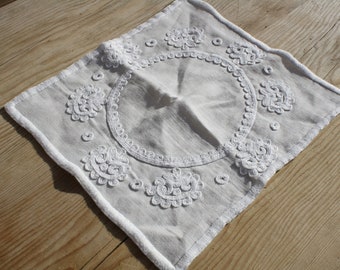 Hungarian Antique Folk Transylvanian White Stitched Doilies, Writing Stitch White Kalotaszeg Linen