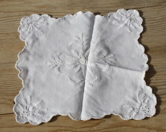 Hungarian Antique Folk White Embroidered Doilies, Reticulated White Hungarian Linen Little Doilies