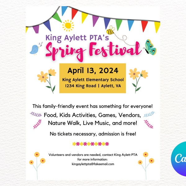 Spring Festival Flyer Canva Template - Customizable for PTA PTO PTSA School Church Organization