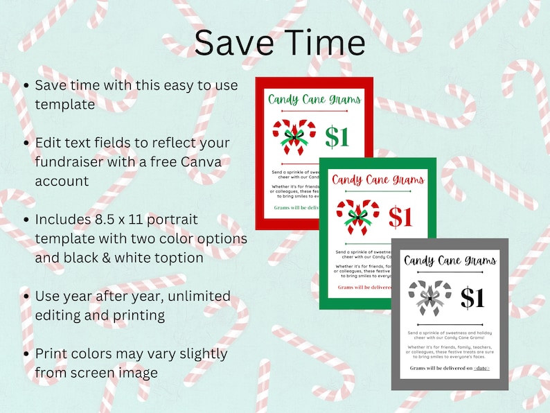 Editable Candy Gram Candy Cane Fundraiser Customizable Digital Template