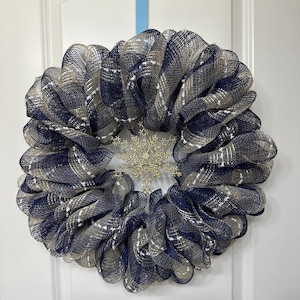 Christmas Wreath,Christmas Front Door Wreath,Holiday Wreath,Deco Mesh Christmas Wreath,Blue Gold Christmas Wreath,Traditional Wreath,Deco