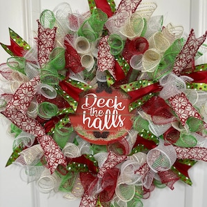 Christmas Wreath, Christmas Decor, Front Door Wreath, Holiday Wreath, Deco Mesh Christmas Wreath, Red Green Wreath, Traditional Wreath, Deco