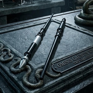 Op de afbeelding: Twee zwarte toverstaven, waarvan één met een zilveren accent, rusten op een donkere stenen display met een slangreliëf en een plaquette met de tekst OMINIS GAUNT'S WANDS TWO VARIATIONS. Een bronzen slangenbeeldje staat op het stenen oppervlak.