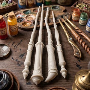 Op de afbeelding: Vier witte toverstaven met ingewikkelde gesneden texturen, een houten verfpalet en verschillende kleine glazen flesjes met kurken stoppen, gelabeld met namen zoals Dragon's Blood Red, Floo Powder en Mermaid Blue, naast diverse penselen.