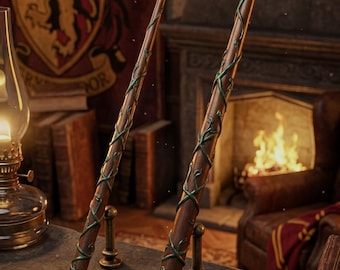 May include: Two brown wooden wands with green vine-like detailing wrapped around the shafts. Each wand stands on a small metal base with a plaque. The plaques read Hermione Granger - 10.75 inches and Hermione Granger - 14 inches respectively.