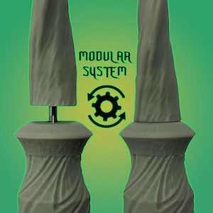 May include: Two grey, textured, modular components with a threaded metal rod and a decorative base. The image includes the text "MODULAR SYSTEM" above a gear icon with arrows, set against a green gradient background.