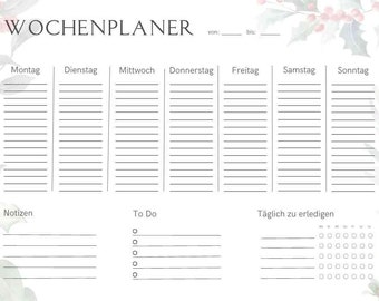 Floral winter weekly planner with notes, to-do list and habit tracker in German