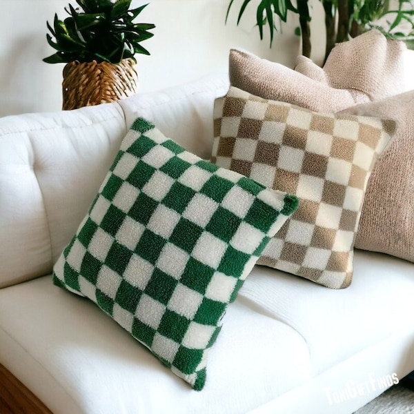 Fleece Checker Board Pillow, Checkered Plaid Cushion Cover, Checkerboard Pillow, Modern Checkerboard Velvet Cushion Cover, Home Sofa Decor