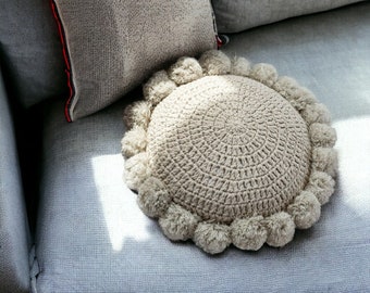 Round Wool Knitted Pillow, Pompom Crochet Round Pillow, Knitted Pillow Cushions, Soft Handmade Cushion, Perfect for Indoor Home Decoration