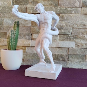 Può includere: Scultura bianca di una figura muscolosa che lotta con un serpente, su una base quadrata. Un cactus verde in un vaso bianco è a sinistra. Lo sfondo è un muro di pietra.
