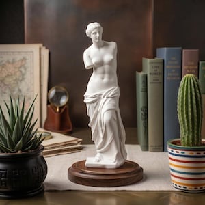 Puede incluir: Una estatua blanca de una figura que recuerda a la Venus de Milo, con una prenda drapeada alrededor de la parte inferior del cuerpo y brazos ausentes, montada sobre una base circular de madera oscura. La escultura se sitúa entre una planta y un cactus.