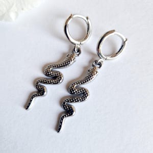 Op de afbeelding: Een paar zilveren creolen met slangvormige bedels die eraan hangen.