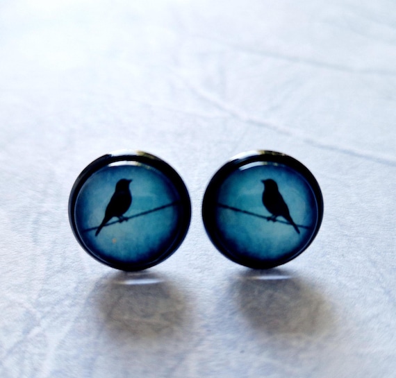 Black Bird Earrings, Silver Cute Bird Earrings, Natural Jewelry, Woodland jewelry, Gift for Friend, Black Stud Earrings, Handmade Blue Studs