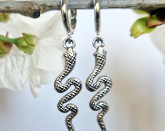 Puede incluir: Un par de pendientes de aro plateados con diseño de serpiente. Los pendientes de serpiente cuelgan de una rama, con flores blancas en el fondo. Las serpientes tienen un patrón texturizado en forma de escamas.