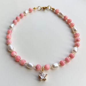 Pink beaded cat collar necklace,Gold real pearl dog collar,Crystal mother of pearl kitten collar,Cat accessories,Pink cat jewelry collar