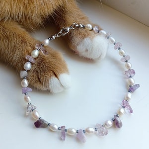 Real pearl cat collar,Amethyst crystal cat necklace,Beaded small dog collar,Luxury cute cat collar,Cat clothes,Cat jewelry