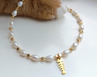 Gold cat collar,Real pearl cat necklace,Beaded small dog collar,Luxury cute cat collar,Gold cat necklace,Cat jewelry,Cat clothes accessory