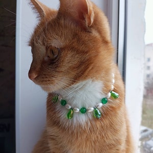 Green crystal cat collar, Real pearl pet necklace, Beaded dog collar, Luxury cute cat collar, Cat clothes accessories, Pearl cat jewelry gifts