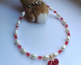 Red crystal heart cat necklace,Real pearl dog collar,Gold pet cat necklace,Cat clothes accessories,Luxury cute gemstone cat jewelry collar