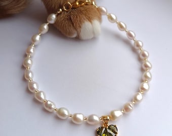 Gold heart cat collar,Real pearl dog necklace,Beaded small collar,Luxury kitten collar,Cat clothes accessories,Cat freshwater pearl jewelry