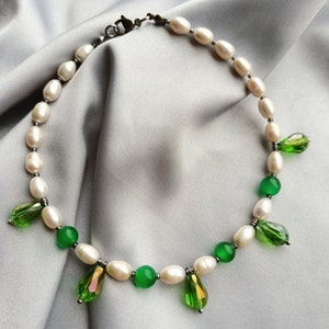 Green crystal cat collar, Real pearl pet necklace, Beaded dog collar, Luxury cute cat collar, Cat clothes accessories, Pearl cat jewelry gifts