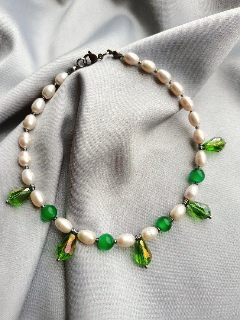 Green crystal cat collar, Real pearl pet necklace, Beaded dog collar, Luxury cute cat collar, Cat clothes accessories, Pearl cat jewelry gifts